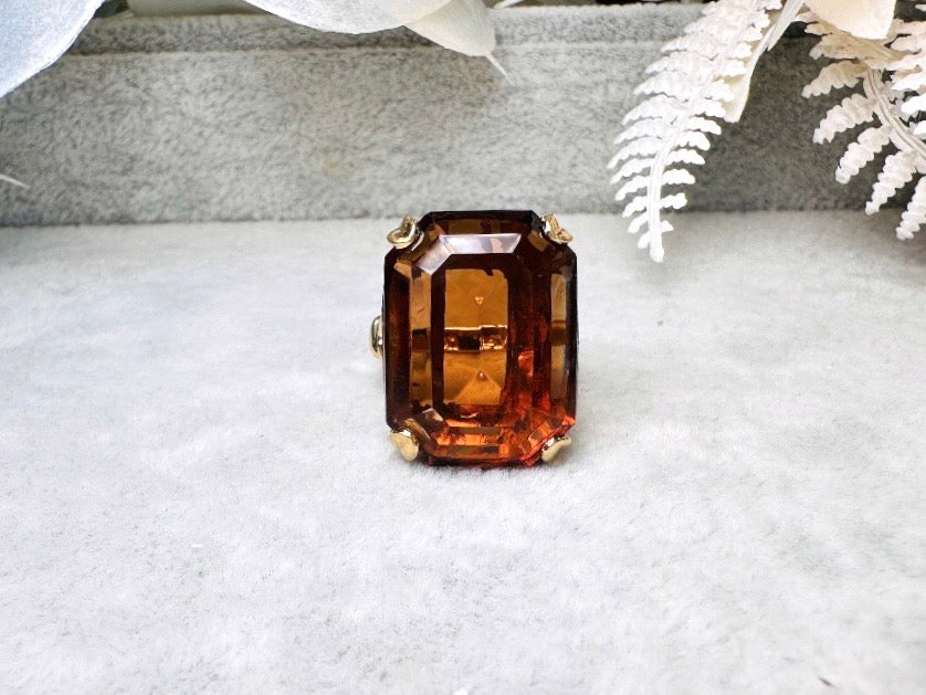Vintage 70s Ring, Large Solitaire Topaz Rectangle Emerald Cut 1978 Smoky Lustre November Birthstone Cocktail Ring, Chunky Costume Jewelry