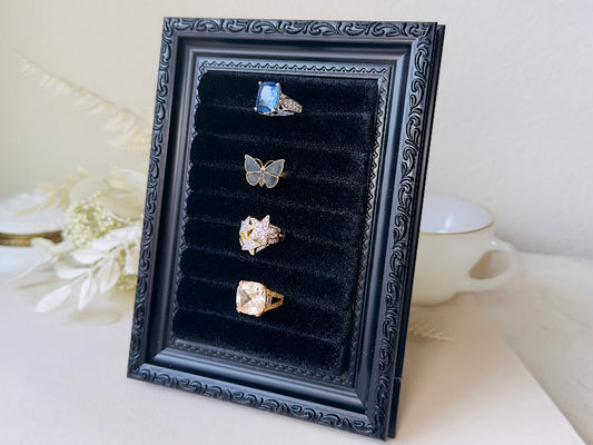 002 Black Velvet Jewelry Display Frame, Handmade Victorian Style Midnight Black Ring Holder