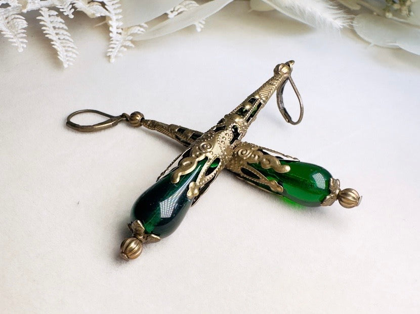 Green Teardrop Earrings, Handmade Renaissance Jewelry with Victorian Filigree, Romantic Gothic Long Beaded Crystal Dangle Earrings