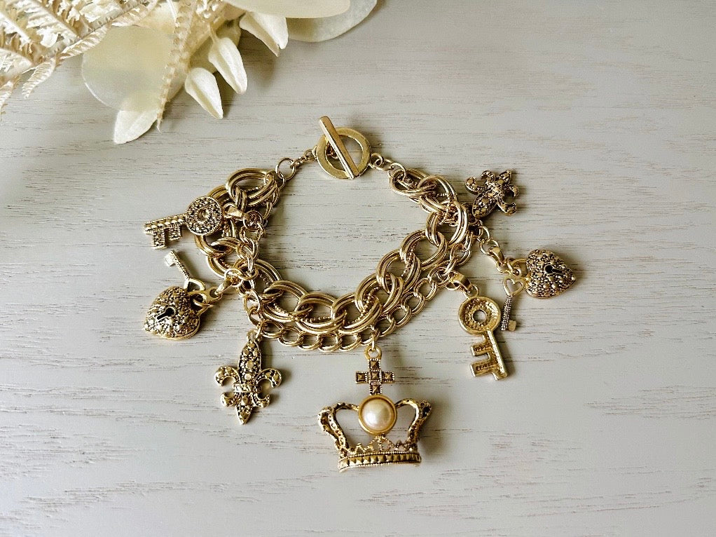 Vintage Charm Bracelet, Gold Triple Chain Bracelet with Hearts, Keys, fleur de lis Pearl Goldtone Bracelet, Vintage Gifts for Her 8.25” Long