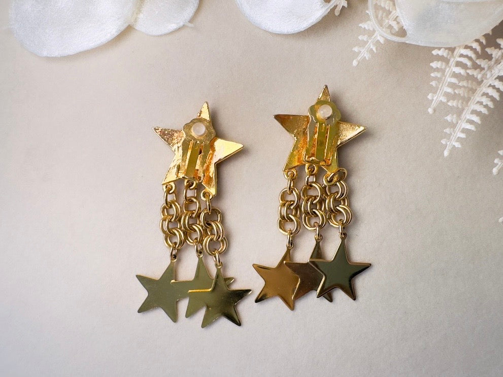 Vintage Star Earrings, Gold Star Pave Rhinestone Chain Tassel Clip Ons
