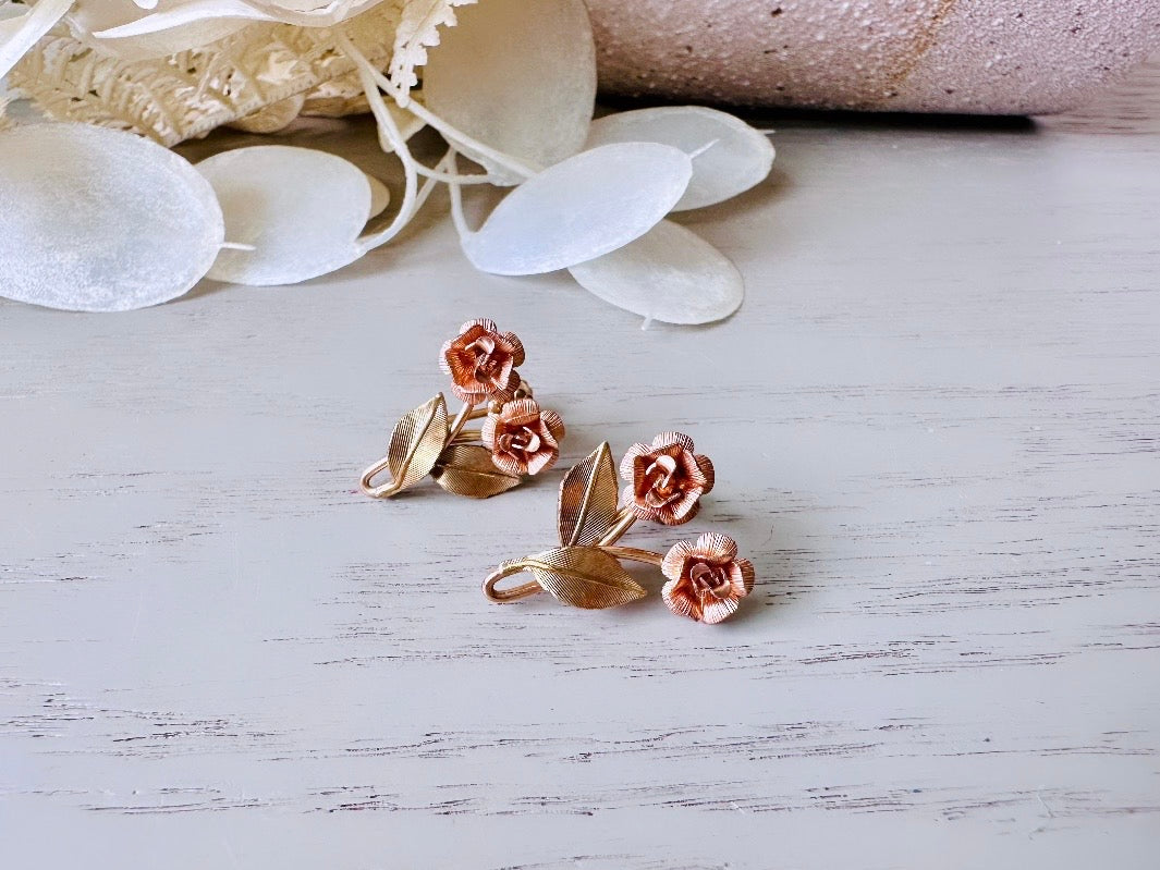 Gold Rose Earrings, Gorgeous Dainty Vintage Screwback Earrings, Sculptutal Rose Gold Leaf Mesh Rose Nonpierced Earrings, Krementz Jewelry