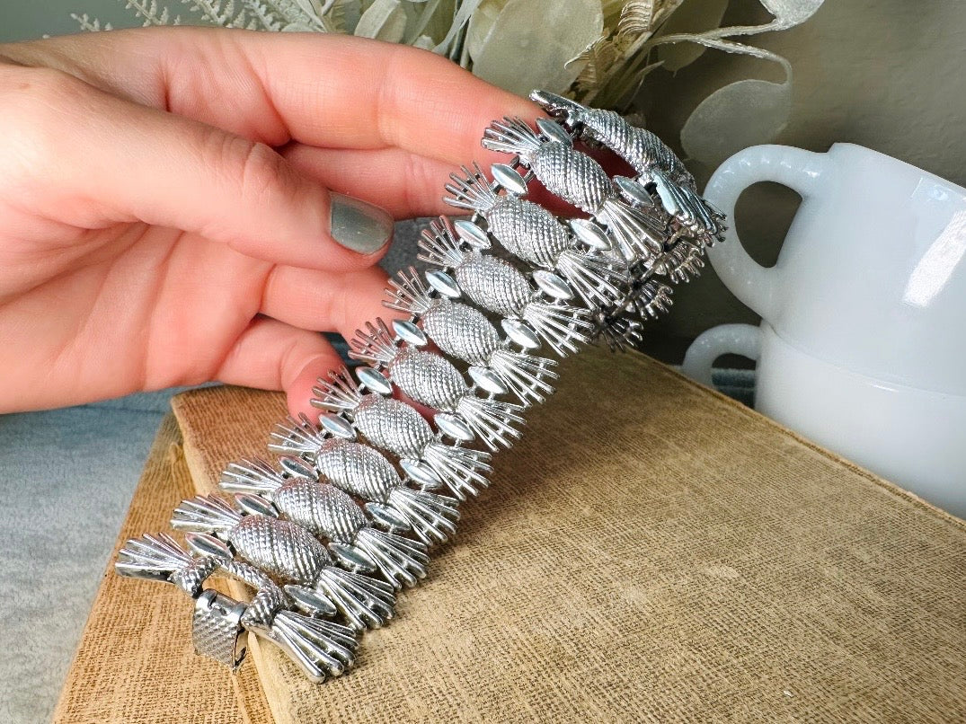 Vintage Silver Bracelet, Thick Articulated Metal Panel Bracelet, Large Chunky Silver Sarah Coventry Simply Elegant Pineapple Bracelet