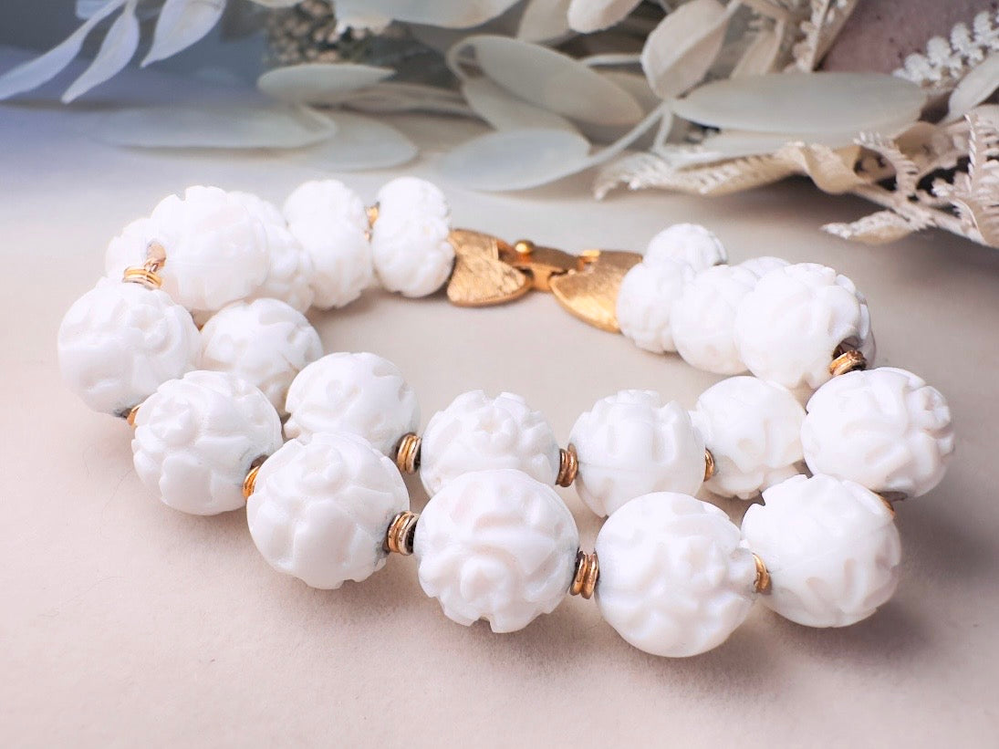White Monet Bracelet, 1960s Carved Rose White Acrylic Beaded Double Strand Floral Bracelet
