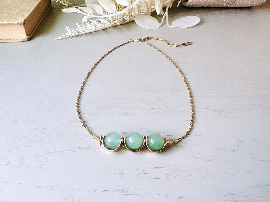 Green Aventurine + Raw Brass Necklace, Green Gemstone Triple Bead Half Moon Brass Frame Minimalist Sleek Stone 14kt Gold Handmade Necklace