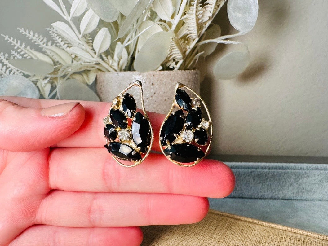 Vintage Black Rhinestone Earrings, 1960s Designer Signed Weiss Mosaic Cocktail Earrings, Gold & Diamond Crystal Teardrop Clip On Earrings