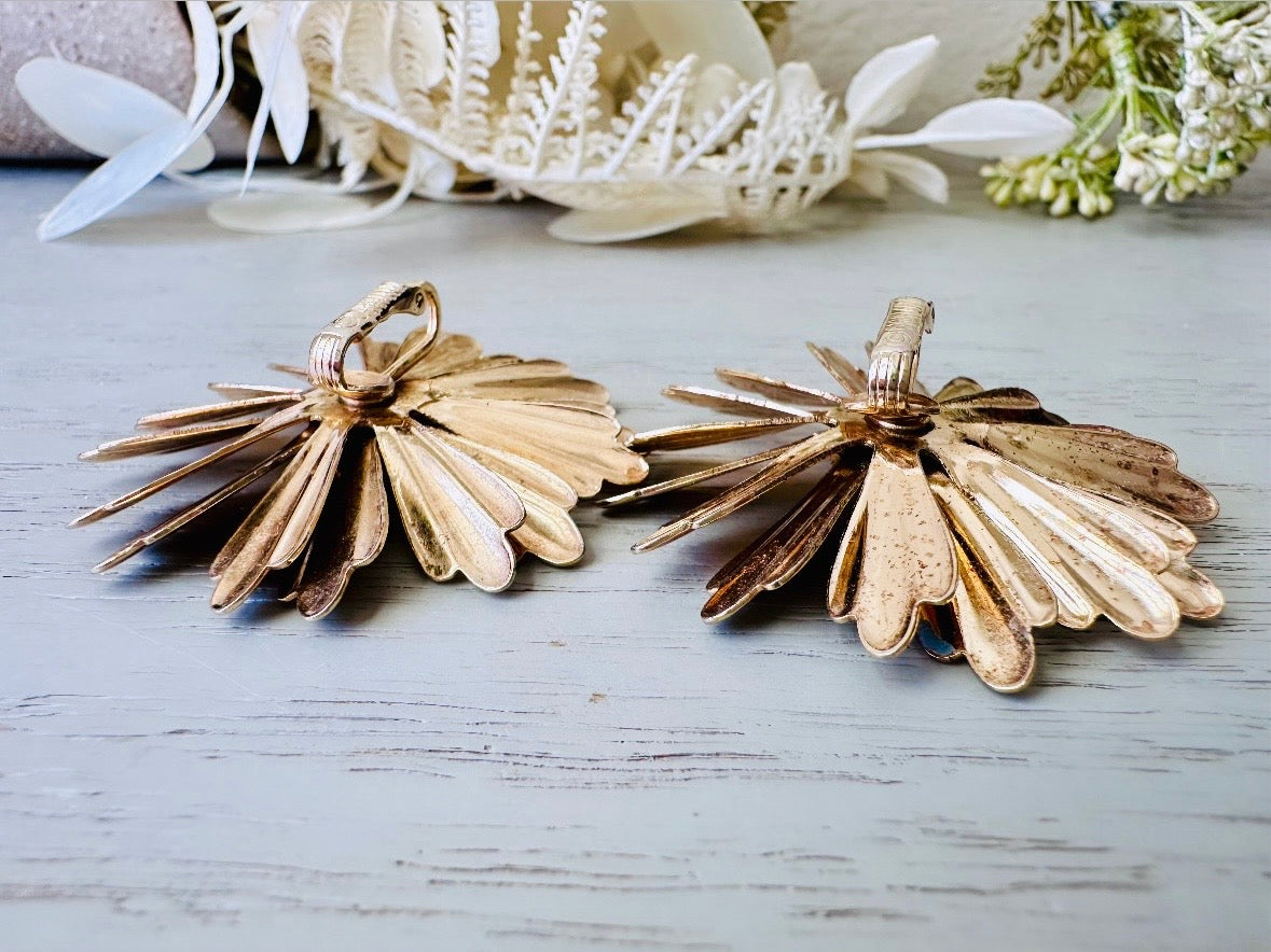 60s Gold Daisy Earrings, 1969 Oversized Golden Daisy Flower Earrings, Huge Glam Clip On Earrings, 1960s Retro Mod Earrings SIGNED SC