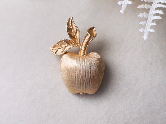 Gold Apple Brooch, 1974 Gilded Apple Vintage Brooch, Small Brushed Gold Understated Pin