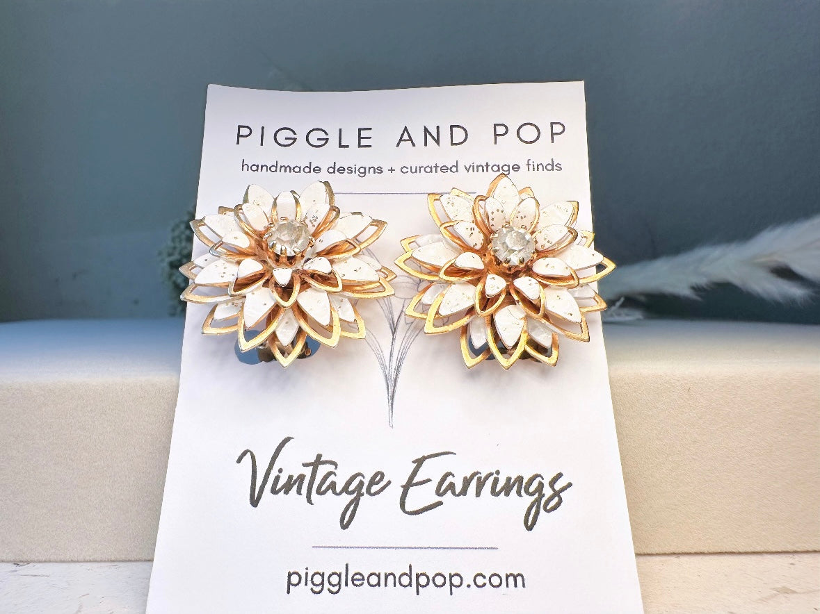 Vintage White Earrings, Floral White and Gold Clip On Earrings, Gorgeous Vintage 1960s Flower Earrings with Silver Glitter Rhinestone