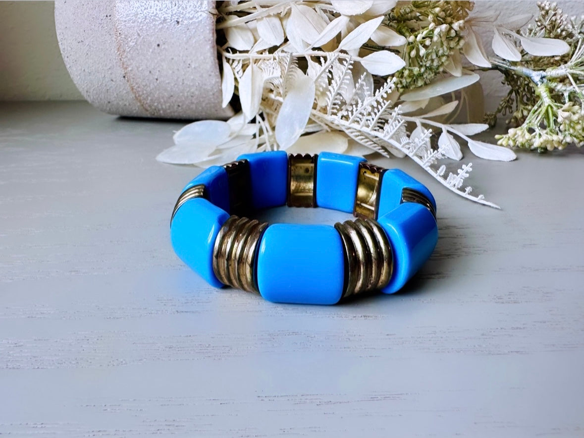 Blue and Brass Vintage Bangle, Chunky Wide Band Bracelet, Bright Blue 1980s Geometric Vintage Retro Stretch Bracelet, Colorful Pop