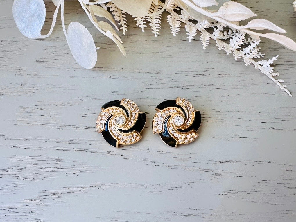 Black Rhinestone Spiral Earrings, Vintage Gold Earrings Black Enamel & Channel Set Diamond Rhinestones, Clip On Earrings for Nonpierced Ears