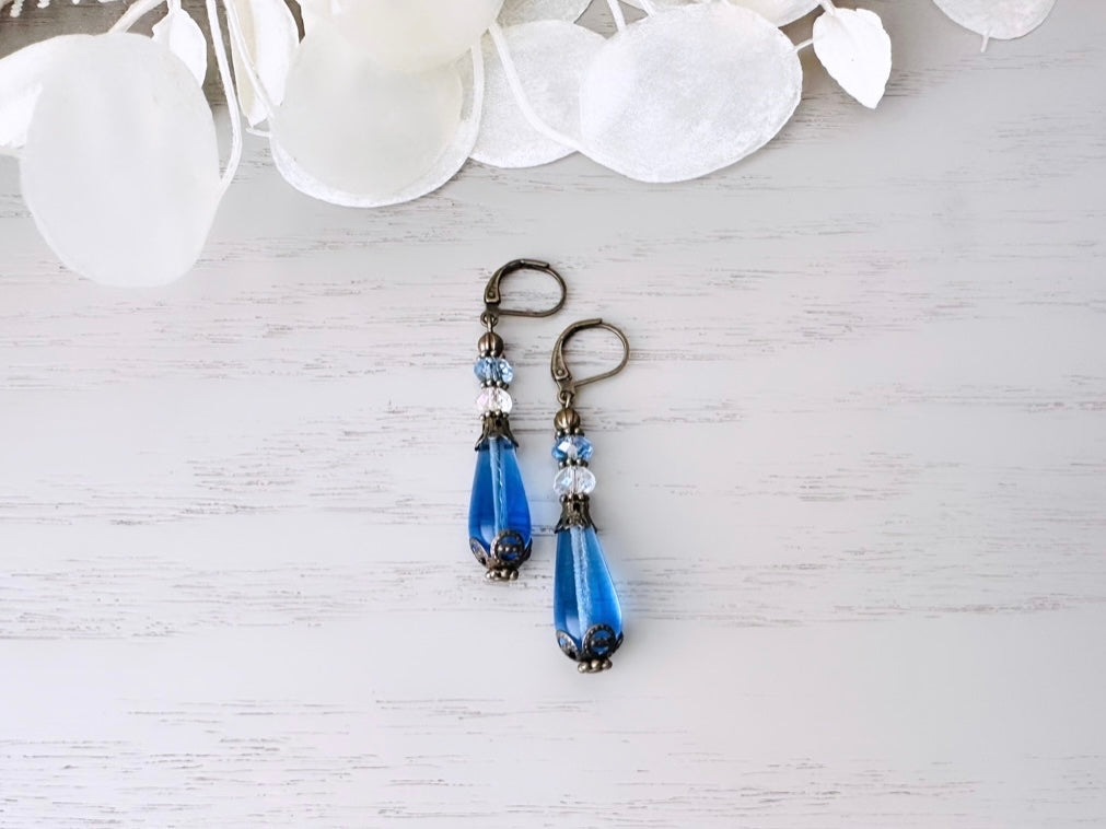 Sapphire Teardrop Earrings, Light Blue Earrings, Downton Abbey Insired Jewelry, Beaded Victorian Earrings, Beautiful Handmade Earrings