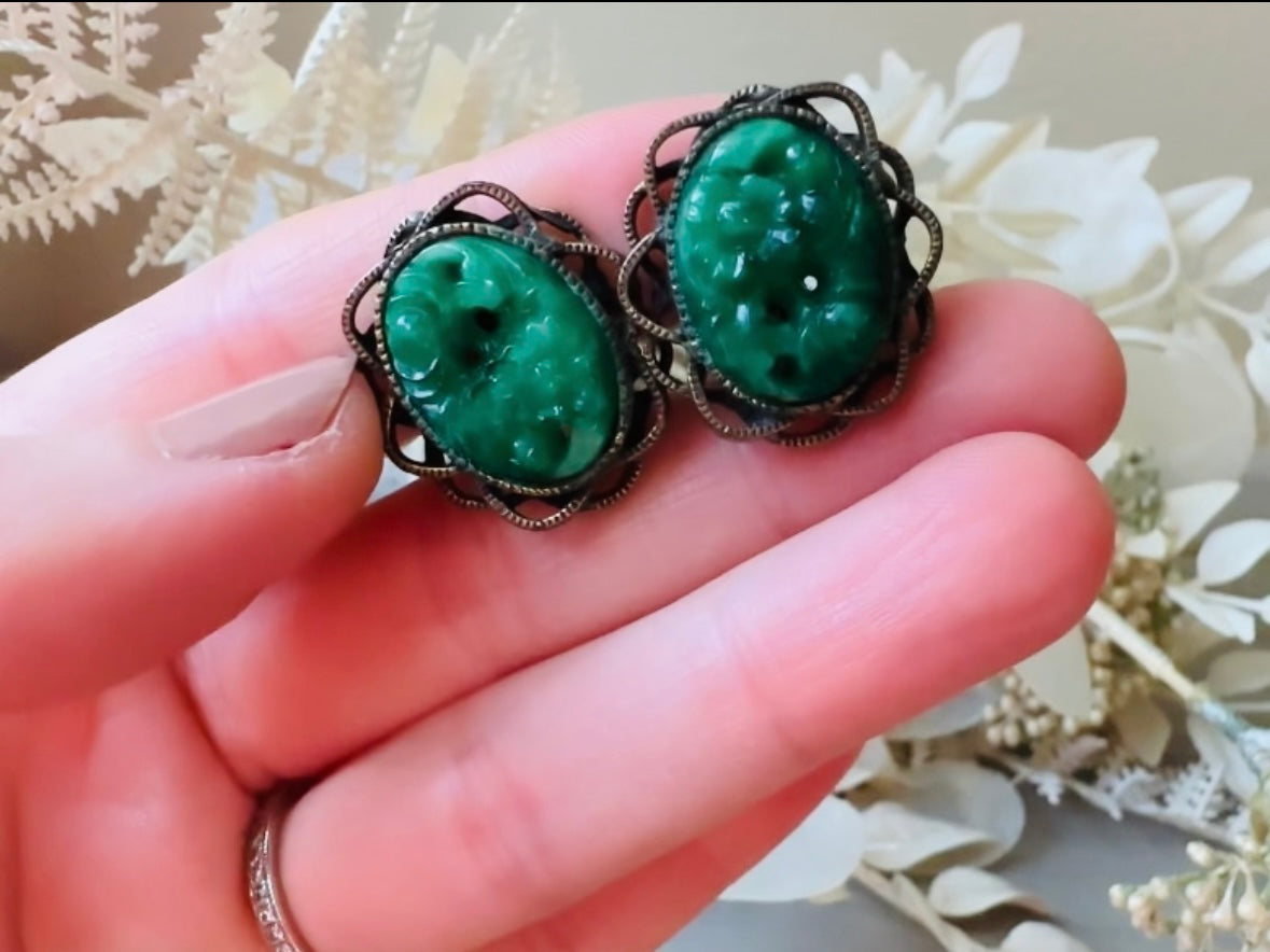 Green Vintage Earrings, Faux Carved Jade 1960s Clip On Earrings, Green Cabochon Earrings in Antique Bronze Filigree Cameo Earrings