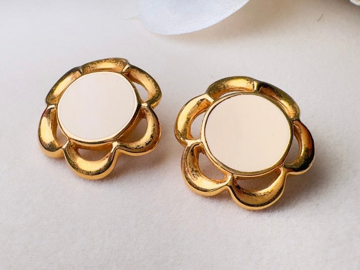 Gold Flower Earrings with Cream Enamel Center, Vintage Floral Post Earrings Signed JS