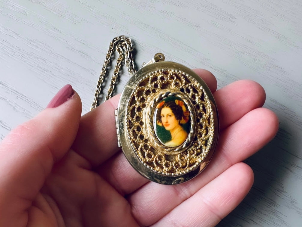 Vintage Victorian Cameo Locket Necklace, Antique Gold Victorian Revival Necklace, 1960s Woman Cameo Necklace