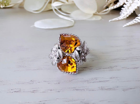 Vintage 70s Ring, Topaz 1973 November Birthstone Cocktail Ring, Double Heart Love Story Ring, Chunky Costume Jewelry, Vintage Sarah Coventry