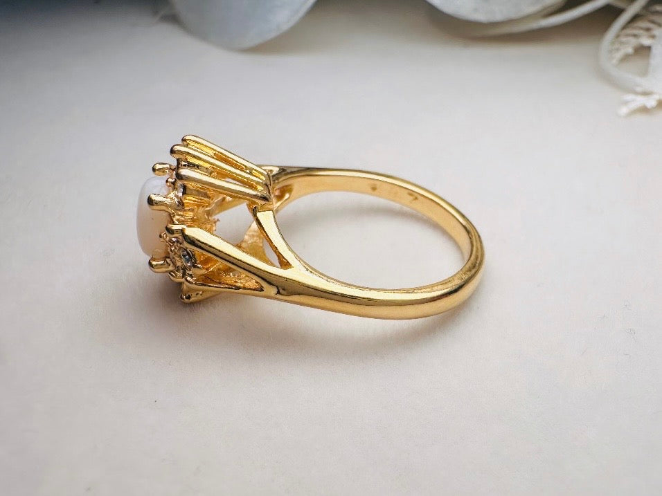 Vintage Cocktail Ring, Faux Opal and Diamond Rhinestone 1960's Costume Fashion Ring, Gold Toned Diamond Hollywood Regency Ring Size 6.5