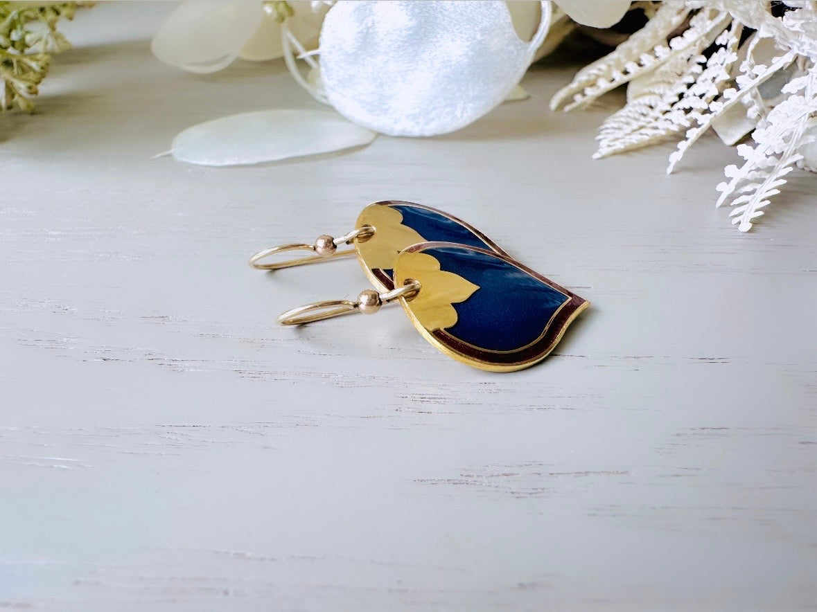 Vintage Cobalt Blue Skye Earrings, Gold Plated  1980s Vintage Earrings, Small Gold Enamel Teardrop Earrings, Pretty Blue and Brown Jewelry