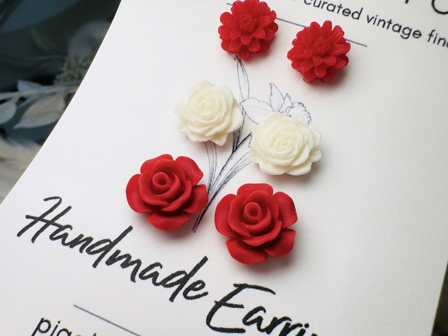 Flower Earrings Set in Red and White, Rose and Daisy Handmade Floral Resin Stud Earrings with Hypoallergenic Posts