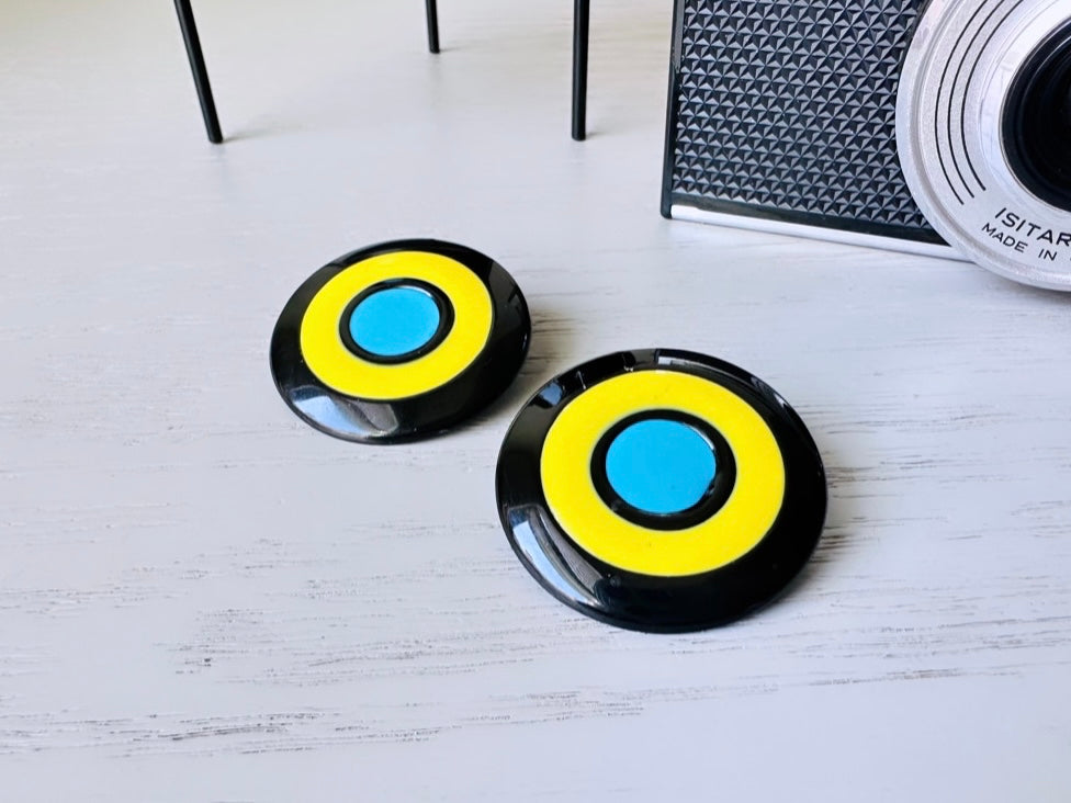 Yellow + Teal Blue + Black Oversized Acrylic Pierced Earrings, Colorful Vintage 1960s Bullseye Earrings, Fun 60s Pop Music Vintage Earrings