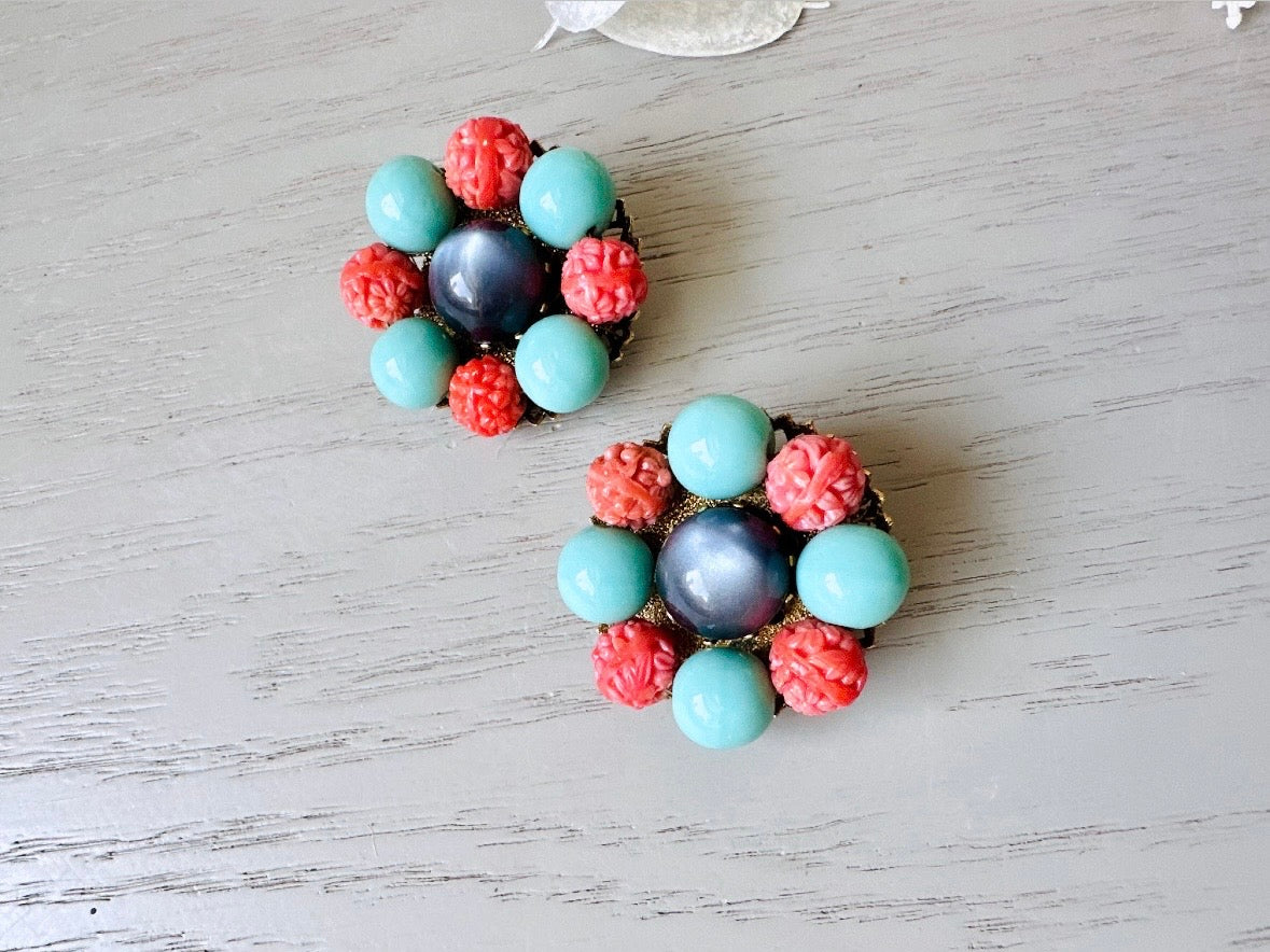 Colorful 60s Mod Earrings, Rare Signed Freirich Beaded Cluster Earrings, Coral and Turquoise Statement Earrings, 1960s Clip On Earrings