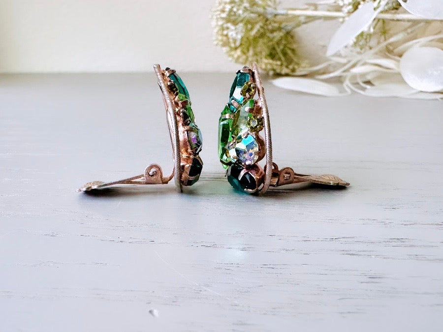 Rare Green Earrings, Vintage WEISS Peridot + Emerald Rhinestone Earrings, Gorgeous Dazzling 1960's Mosaic Teardrop Crystal Clip On Earrings