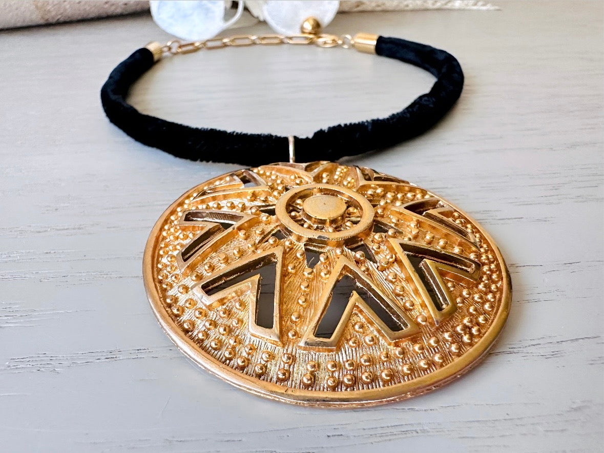 Black Velvet Choker Necklace with Gold Sunburst Pendant, Dramatic 1960's Choker with Lisner Huge Gold Medallion, Soft Velvet Rope Necklace