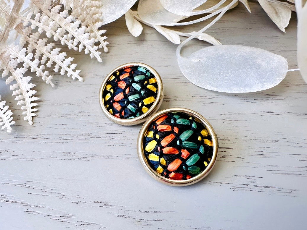 1960s Vintage Earrings, Unique Basket Weave Textile Button Studs, Black Orange Teal Yellow Gold Frame Clip On Earrings Sarah Coventry 1964