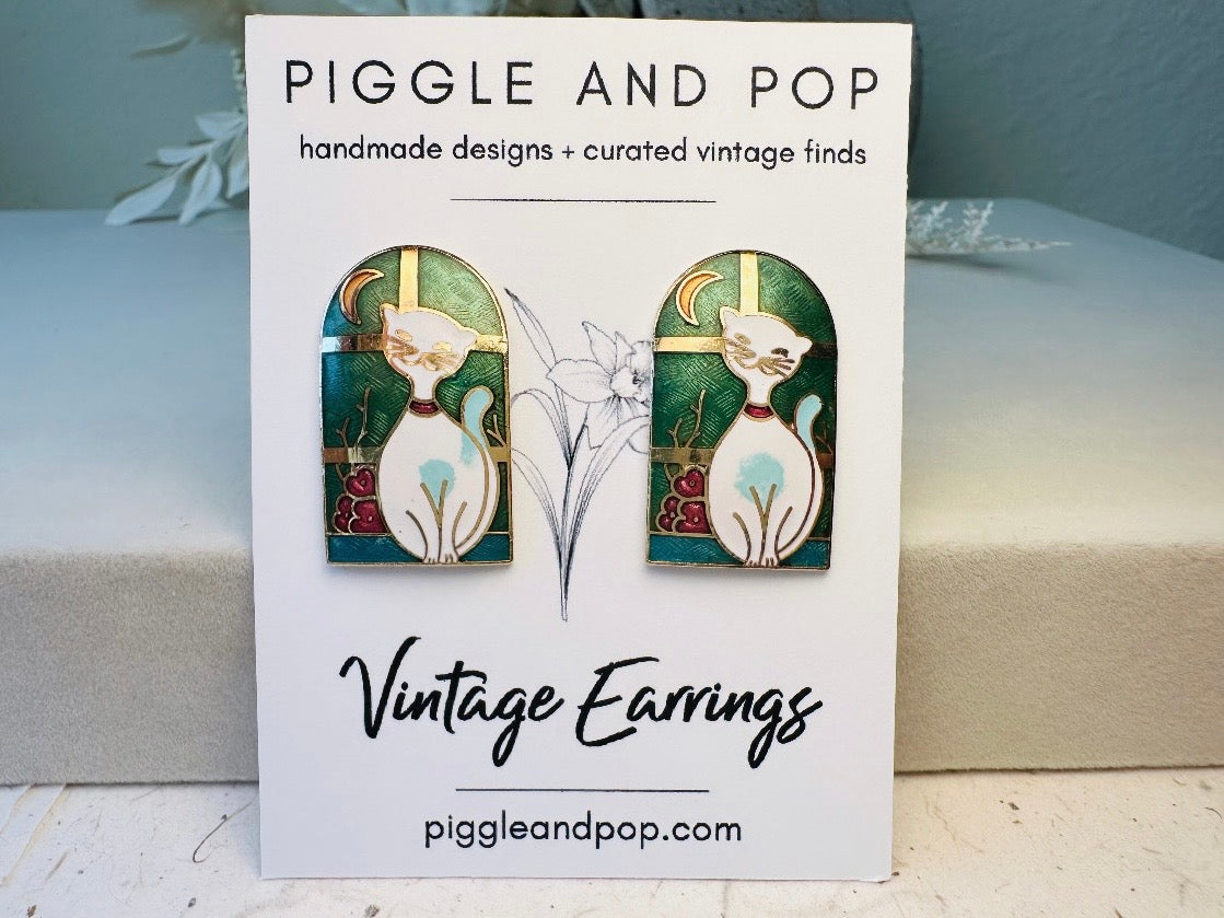 Cloisonné Cat Earrings, Gorgeous Vintage Earrings with White Cat in Windowsill with Moon, Green Clip On Earrings Nonpierced 1980s Earrings
