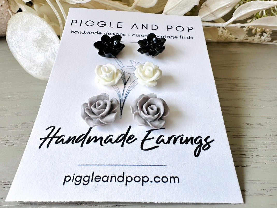 Black White Grey Flower Stud Earrings Set, Small Resin Flower Earrings, Monochrome Post Earrings, Matte and Glossy Black and White Earring Stud Set FSE3