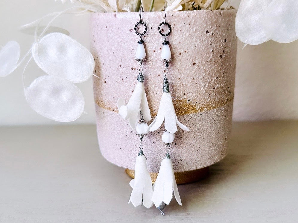 Whimsical White Flower Earrings, Vintage Inspired Bridal Earrings, Extra Long Handmade Floral White Earring, Romantic Boho Textile Beads