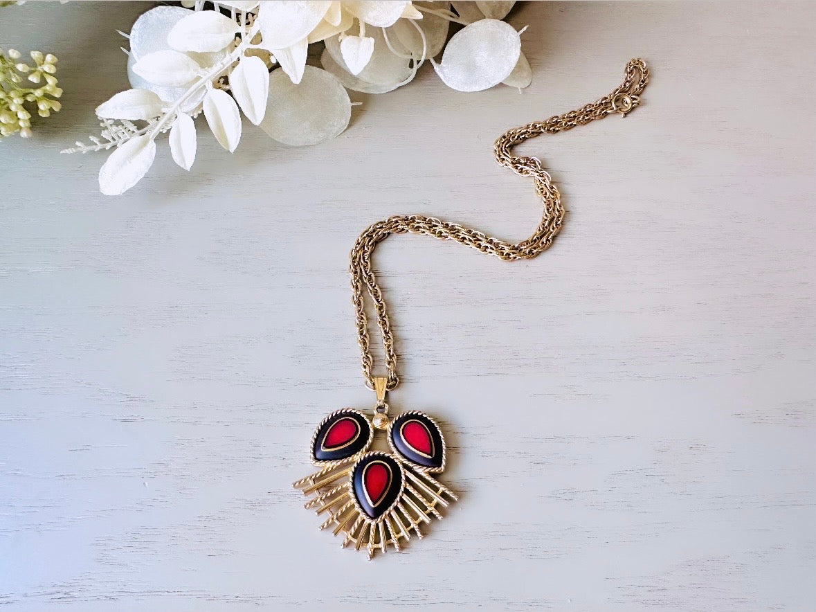 Red Black and Gold 1973 Dynasty Necklace, Vintage Gold Pendant Statement Necklace, Unique 70s Gold Sarah Coventry Necklace