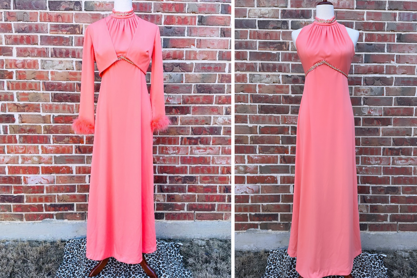 Vintage 1960s Peach Maxi Dress with Matching Shrug Faux Feather Sleeve Trim, Vintage Glam Evening Style, 60s Pink Handmade Gown Size Small