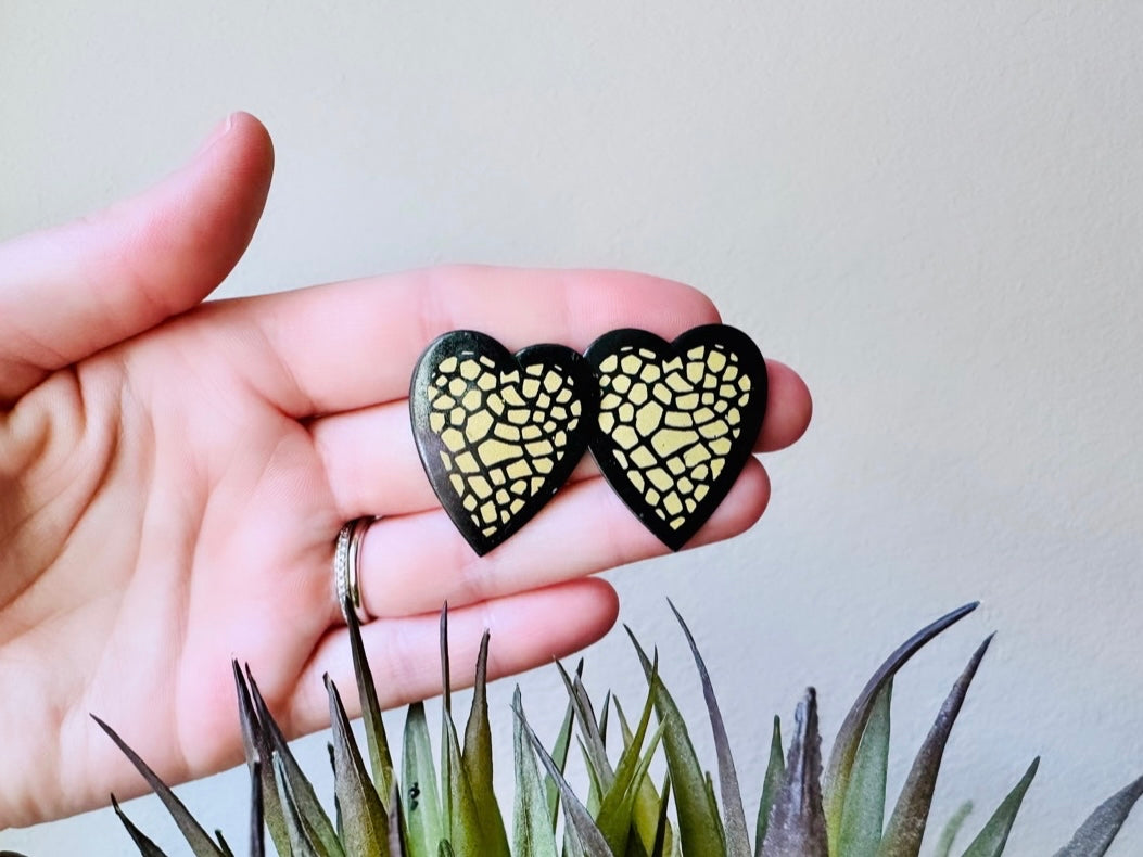 Mosaic Heart Earrings, Black and Gold Enamel Metal Heart Pierced Earrings, Unique Vintage Textured Metal Heart Pierced Post Earrings