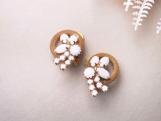 Milk Glass Earrings, 1960s Vintage Earrings, Dramatic White and Gold Bridal Clip Ons