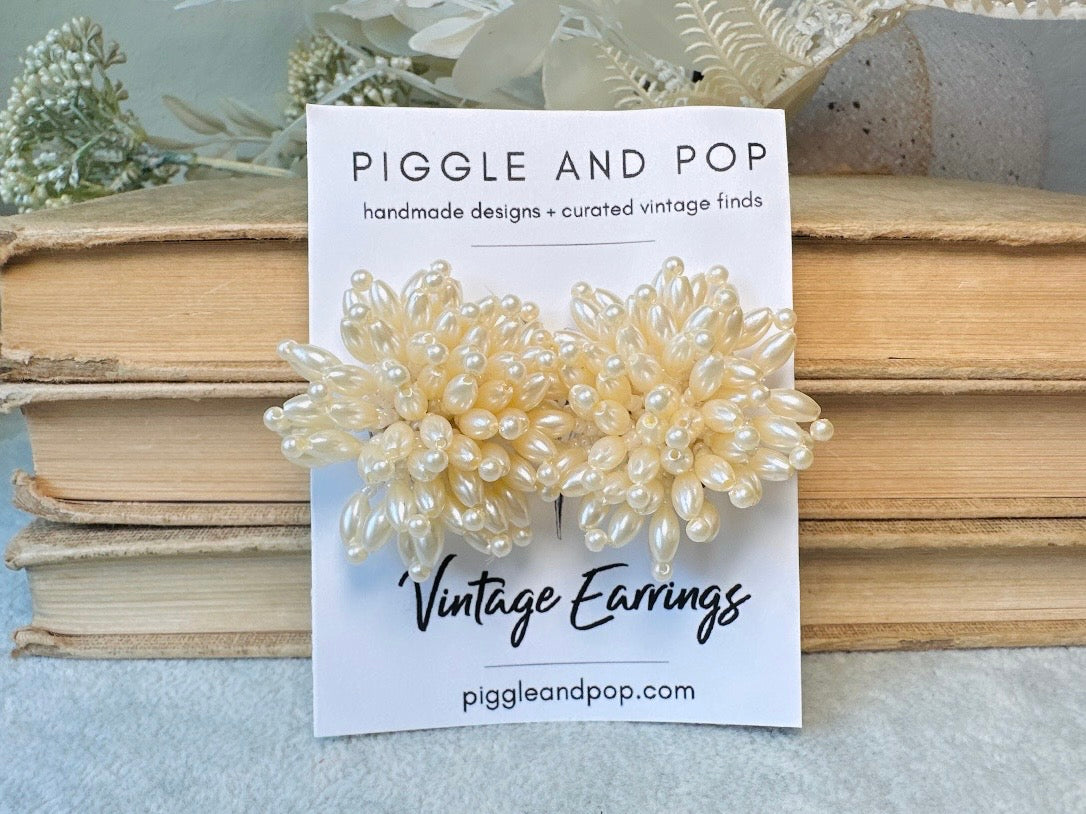 Pearl Pom Pom Earrings, Incredible Vintage Statement Earrings, Dreamy Cream Pearl Earrings, Extravagant Pearl Cluster Cocktail Earrings