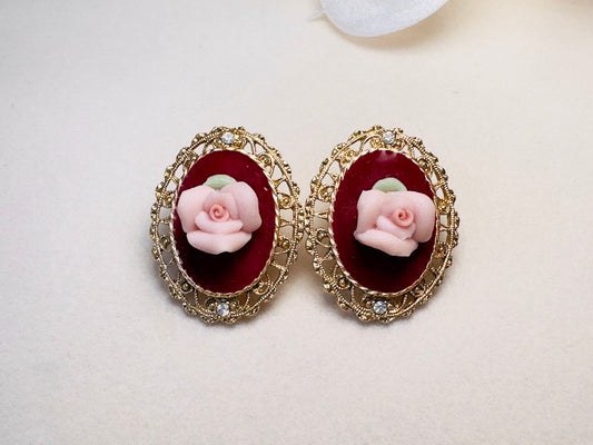 1928 Vintage Rose Earrings, Pink Porcelain Roses on Wine Enamel with Gold FIligree, 1970s Post Earrings