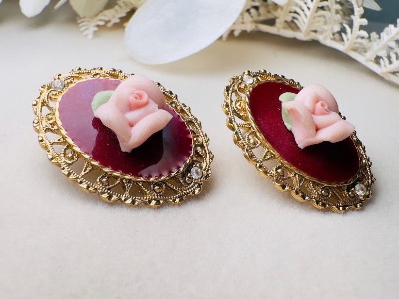 1928 Vintage Rose Earrings, Pink Porcelain Roses on Wine Enamel with Gold FIligree, 1970s Post Earrings