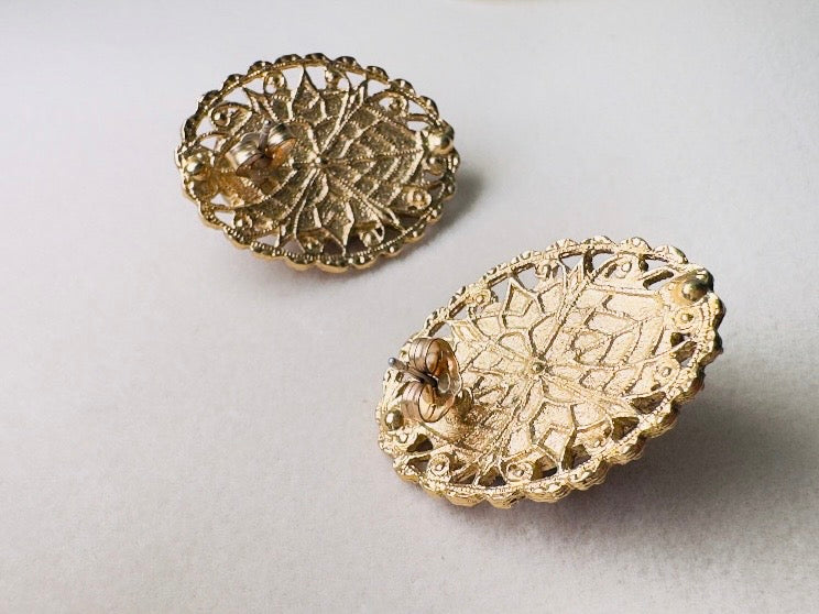 1928 Vintage Rose Earrings, Pink Porcelain Roses on Wine Enamel with Gold FIligree, 1970s Post Earrings