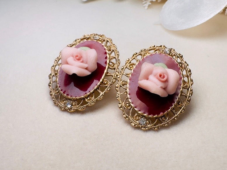 1928 Vintage Rose Earrings, Pink Porcelain Roses on Wine Enamel with Gold FIligree, 1970s Post Earrings