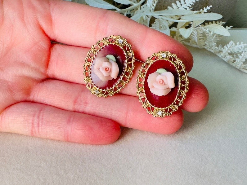 1928 Vintage Rose Earrings, Pink Porcelain Roses on Wine Enamel with Gold FIligree, 1970s Post Earrings