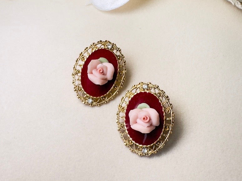 1928 Vintage Rose Earrings, Pink Porcelain Roses on Wine Enamel with Gold FIligree, 1970s Post Earrings