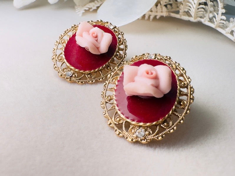 1928 Vintage Rose Earrings, Pink Porcelain Roses on Wine Enamel with Gold FIligree, 1970s Post Earrings