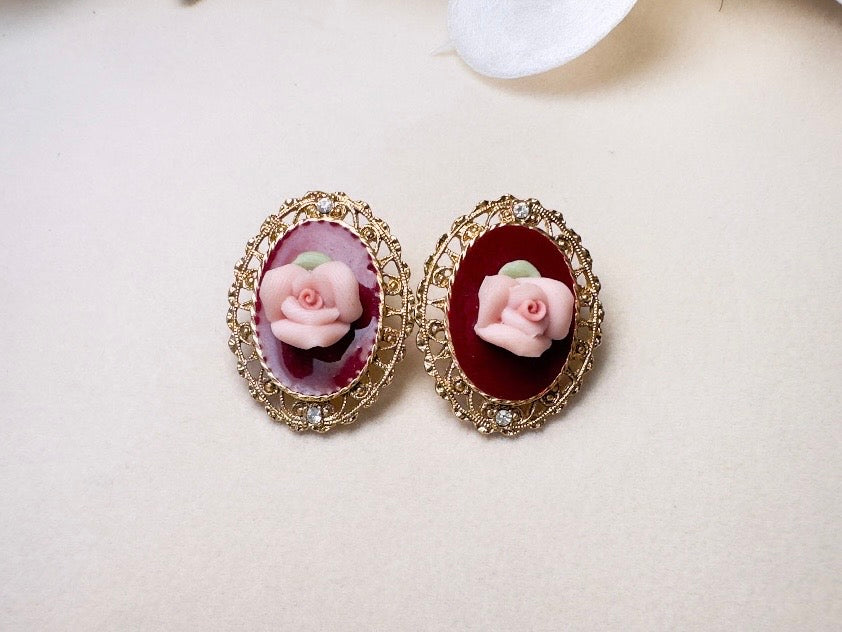 1928 Vintage Rose Earrings, Pink Porcelain Roses on Wine Enamel with Gold FIligree, 1970s Post Earrings