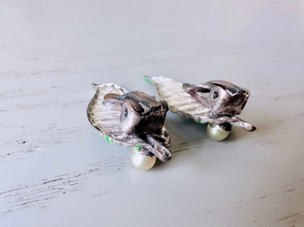 1930s Vintage Green Leaf Earrings with Cream Pearl, Clip On backs