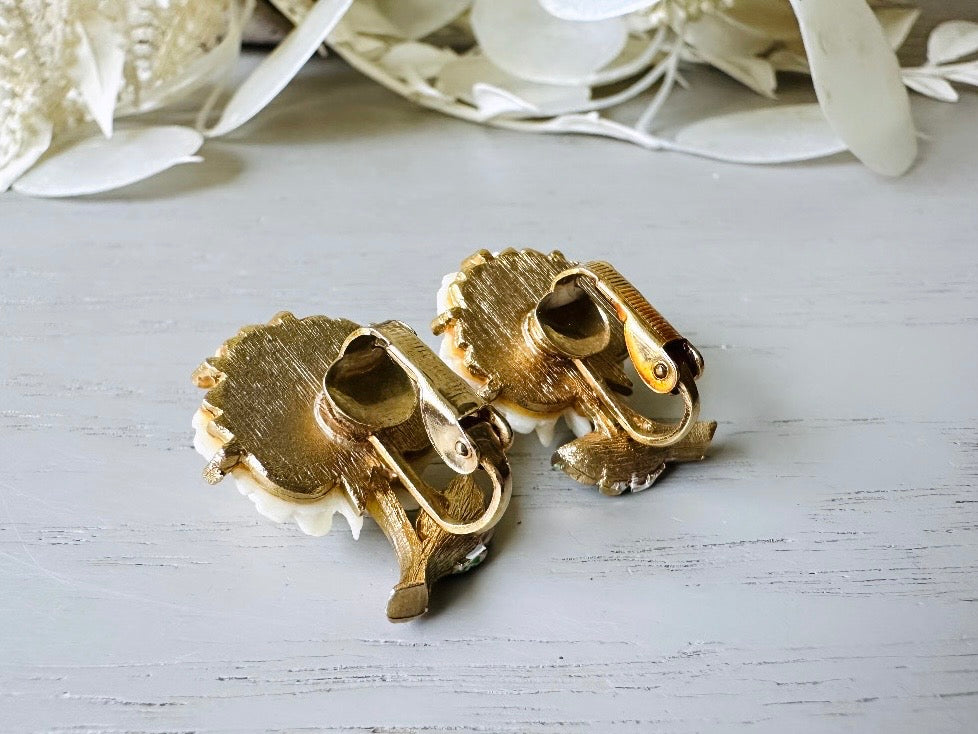 1950s Rose Earrings, Cream Celluloid Flower Earrings with Green and Gold Leaf Accents from Piggle and Pop