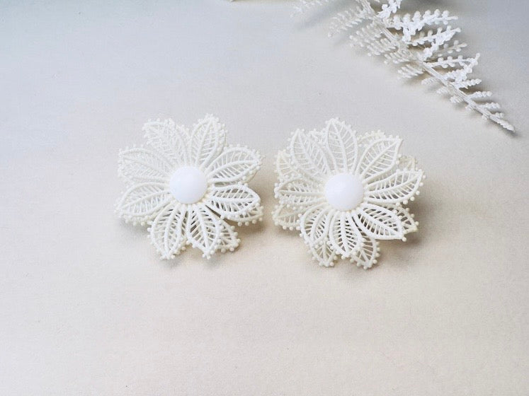 1950s White Flower Earrings, Western Germany True Vintage Molded Celluloid Floral Clip Ons