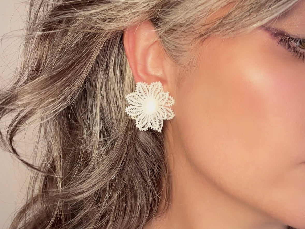1950s White Flower Earrings, Western Germany True Vintage Molded Celluloid Floral Clip Ons