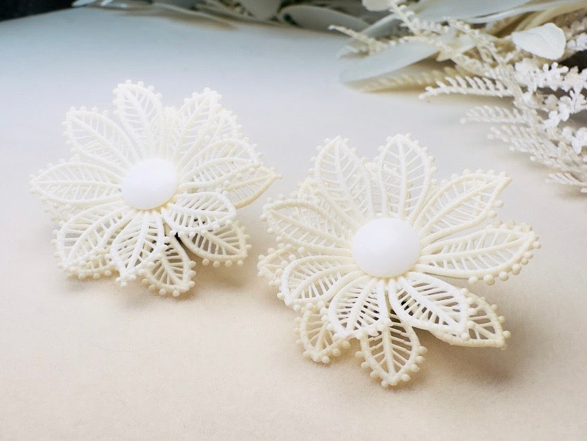 1950s White Flower Earrings, Western Germany True Vintage Molded Celluloid Floral Clip Ons