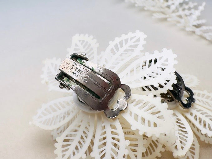 1950s White Flower Earrings, Western Germany True Vintage Molded Celluloid Floral Clip Ons